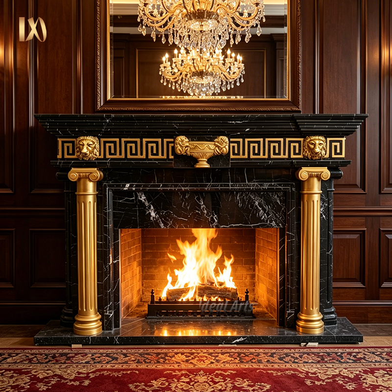 Black Marble Fireplace Mantel Neoclassical Fireplace Surround for Luxury Villa Decor