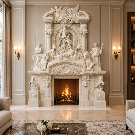 Ideal Arts Factory Direct Sale European Carved Figure Statue Fireplace Hand Carved Two Layer Marble Fireplace Mantel Frame