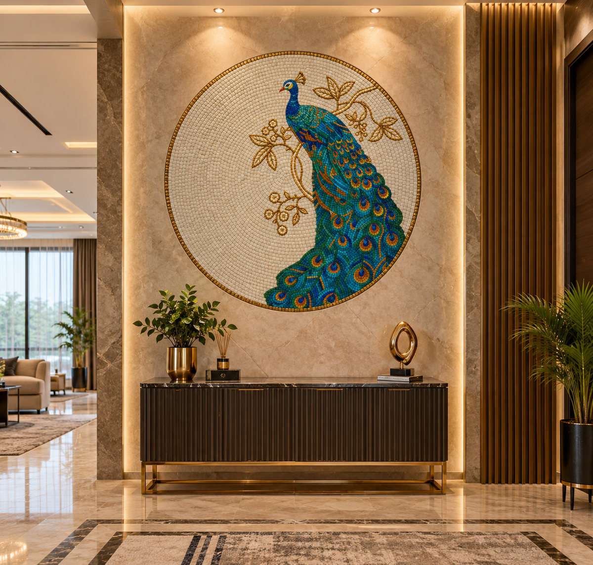 Decorative Glass Tile Luxurious Wall Mural Peacock Mosaic Picture Tile
