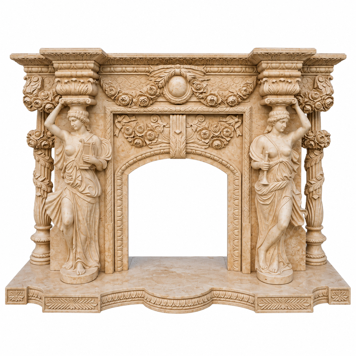 Ideal Arts Beige Marble Fireplace Mantel with Grape & Floral Carvings Ornate Indoor Decor Fireplace Surround
