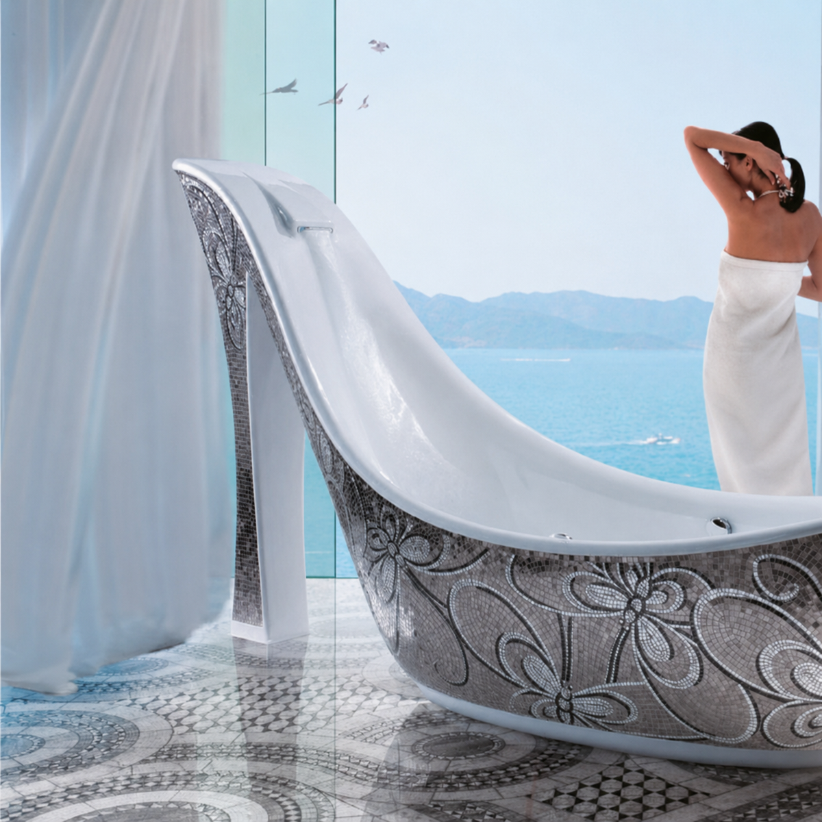 Mb Pbt-sh-s01 Foshan Sanitaryware Silver Mosaic Art Shoe Shaped Bathtub Butterfly Design Bathtub