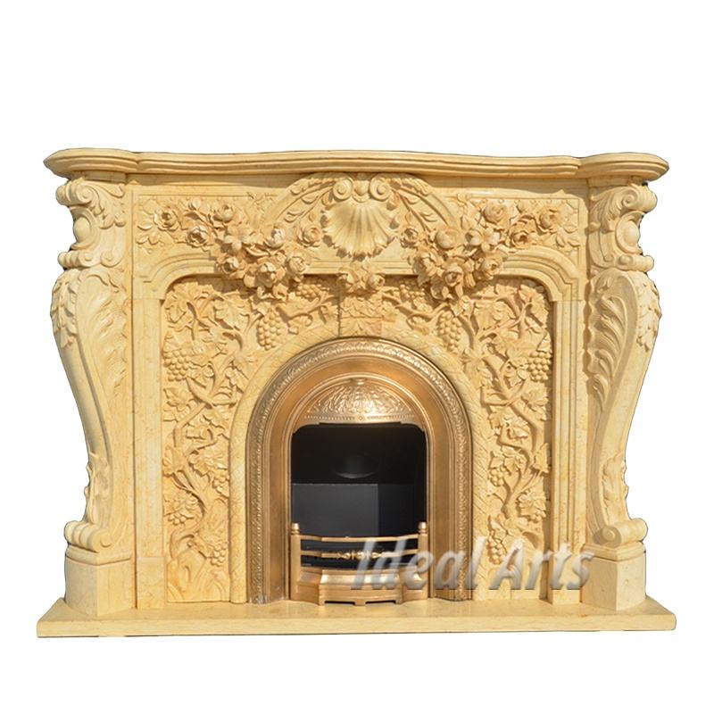 Ideal Arts Beige Marble Fireplace Mantel with Grape & Floral Carvings Ornate Indoor Decor Fireplace Surround