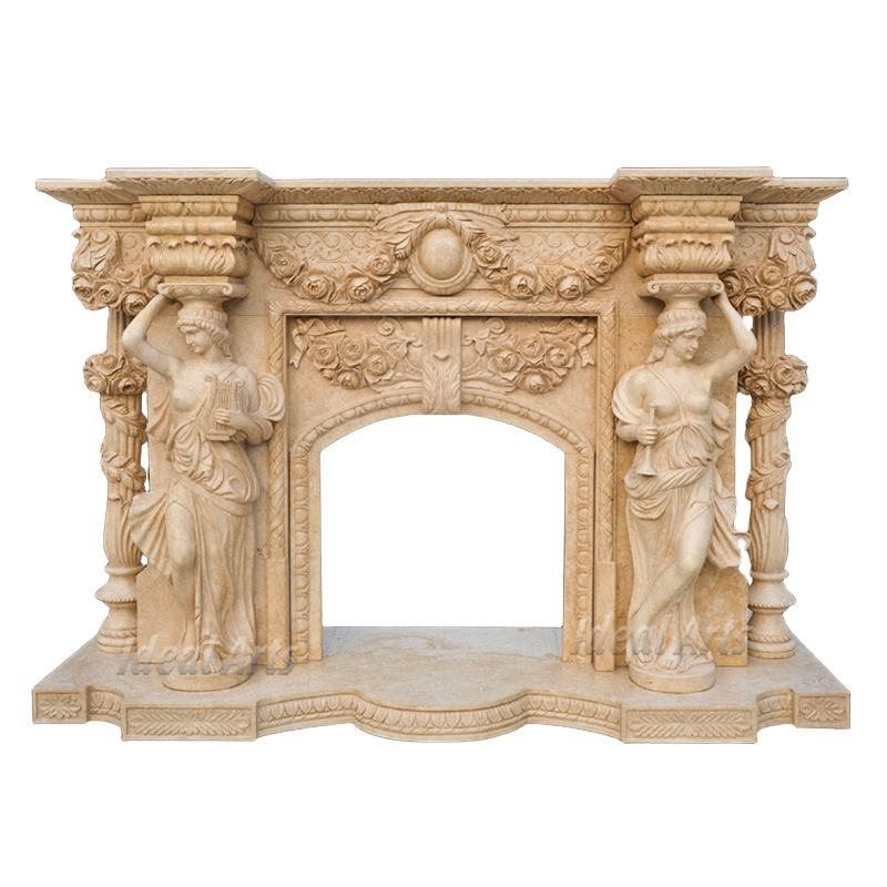 Ideal Arts Beige Marble Fireplace Mantel with Grape & Floral Carvings Ornate Indoor Decor Fireplace Surround