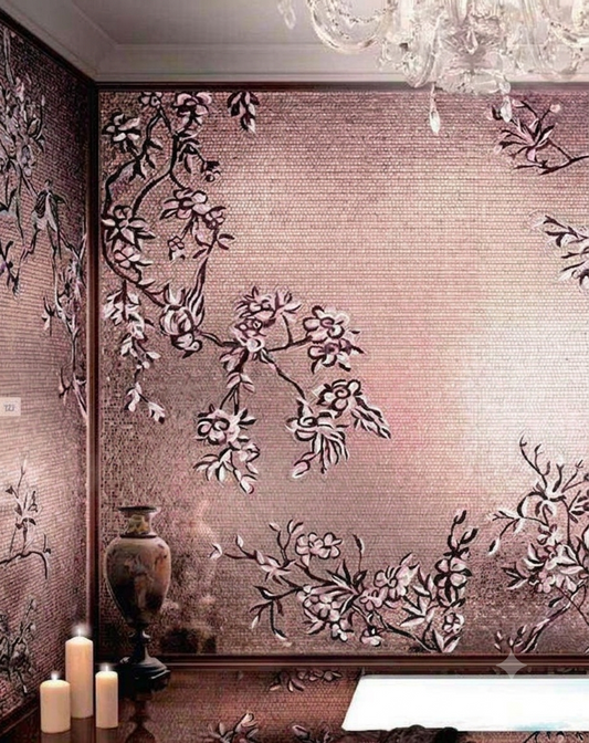 Brown Background Tree Bird Pattern Glass Design Mural Art Mosaic