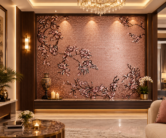 Brown Background Tree Bird Pattern Glass Design Mural Art Mosaic