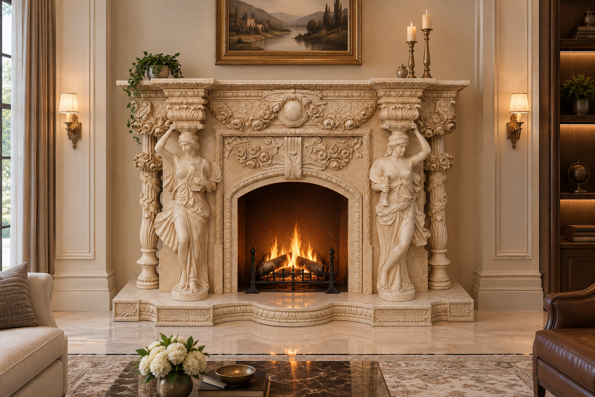 Hand Carving Classic Decoration Stone Beige Marble Fireplace With Lady Statue Columns