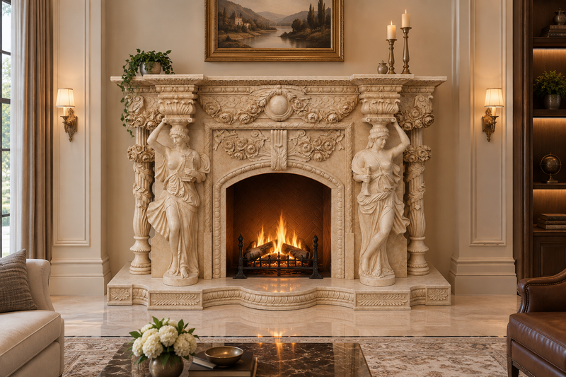 Hand Carving Classic Decoration Stone Beige Marble Fireplace With Lady Statue Columns