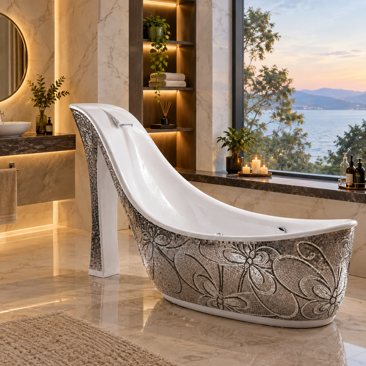 Mb Pbt-sh-s01 Foshan Sanitaryware Silver Mosaic Art Shoe Shaped Bathtub Butterfly Design Bathtub