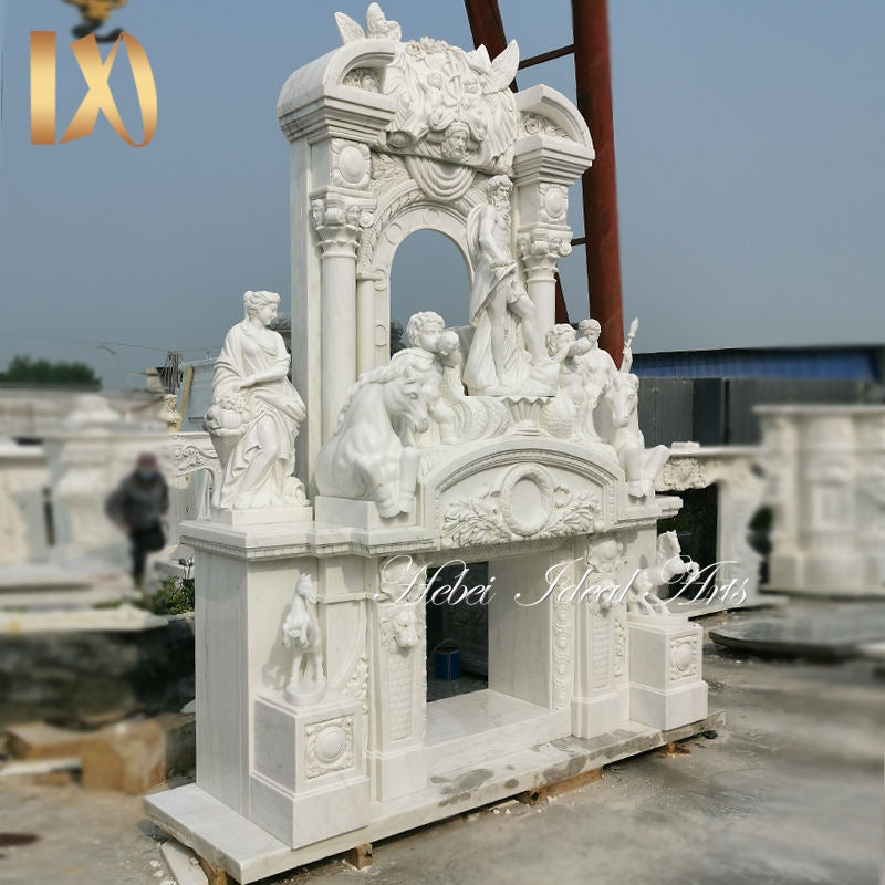 Ideal Arts Factory Direct Sale European Carved Figure Statue Fireplace Hand Carved Two Layer Marble Fireplace Mantel Frame