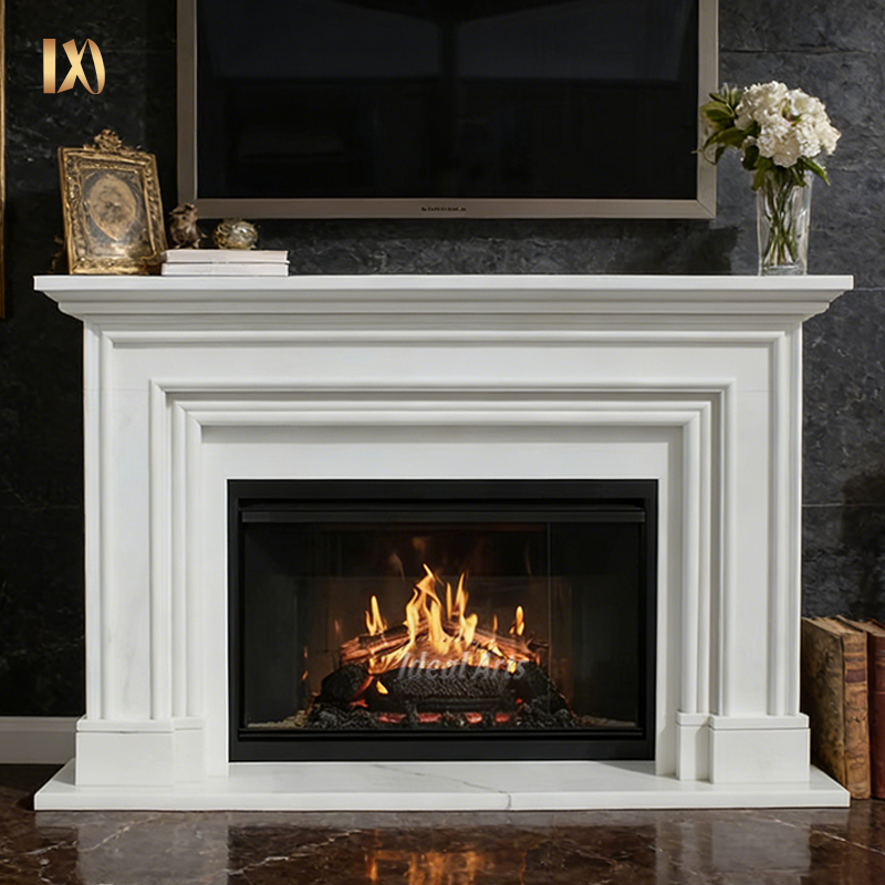 Modern White Marble Fireplace Surround Minimalist Polished Mantel for Contemporary Living Room Decor