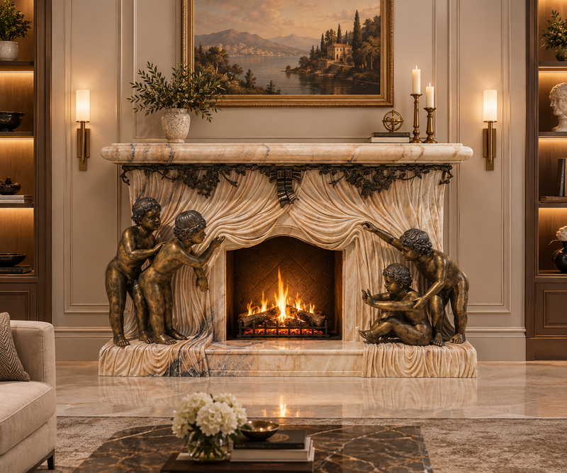 Ideal Arts Beige Marble Fireplace Mantel with Grape & Floral Carvings Ornate Indoor Decor Fireplace Surround