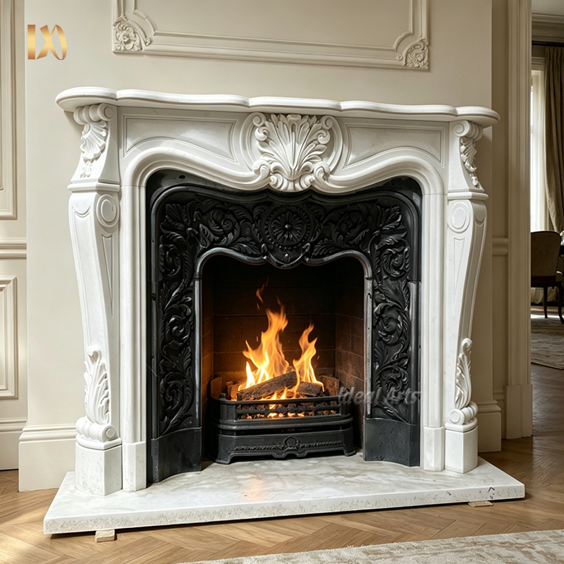 Hand Carved Natural French Marble Fireplace Mantel Luxury Villa Grade Fireplace for Indoor Home Decoration