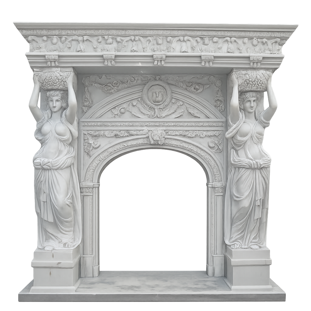 Hand Carving Classic Decoration Stone Beige Marble Fireplace With Lady Statue Columns