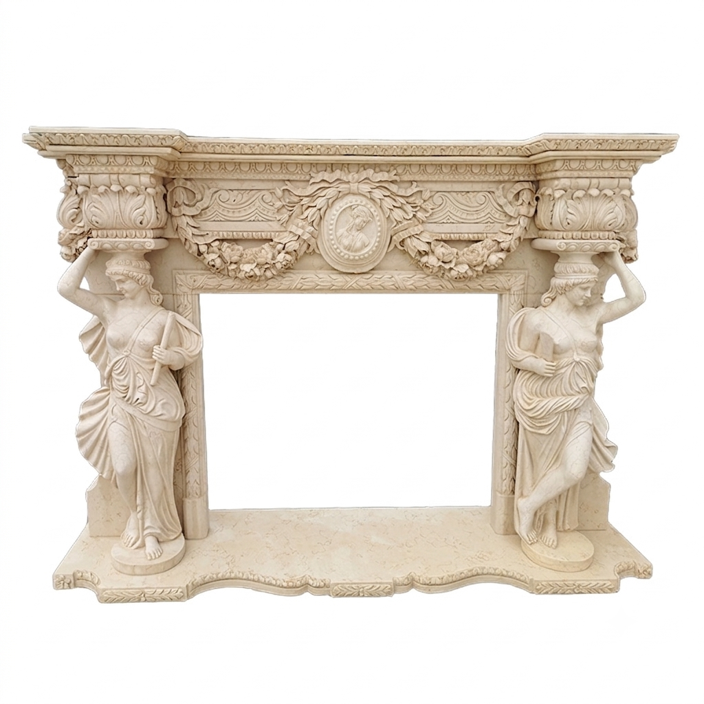 Hand Carving Classic Decoration Stone Beige Marble Fireplace With Lady Statue Columns