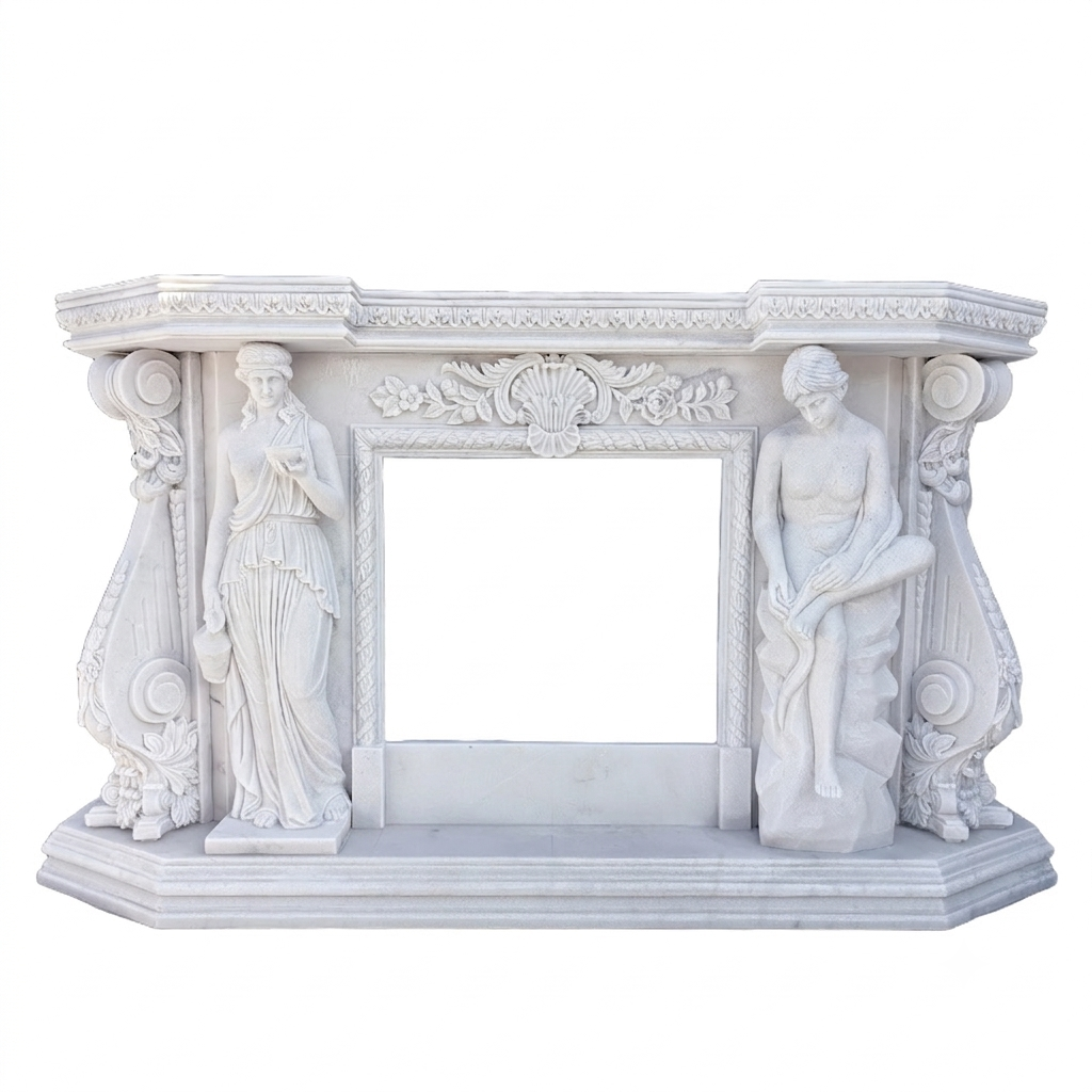 Hand Carving Classic Decoration Stone Beige Marble Fireplace With Lady Statue Columns