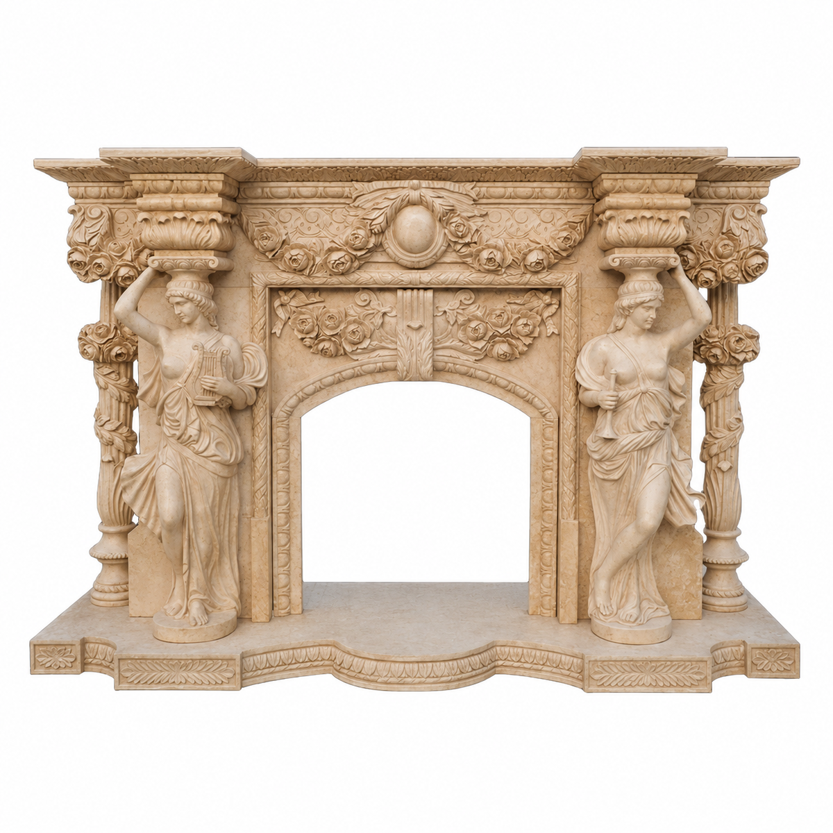 Hand Carving Classic Decoration Stone Beige Marble Fireplace With Lady Statue Columns