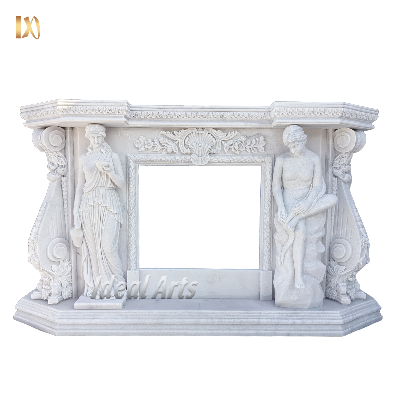 Hand Carving Classic Decoration Stone Beige Marble Fireplace With Lady Statue Columns