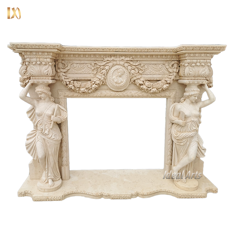 Hand Carving Classic Decoration Stone Beige Marble Fireplace With Lady Statue Columns