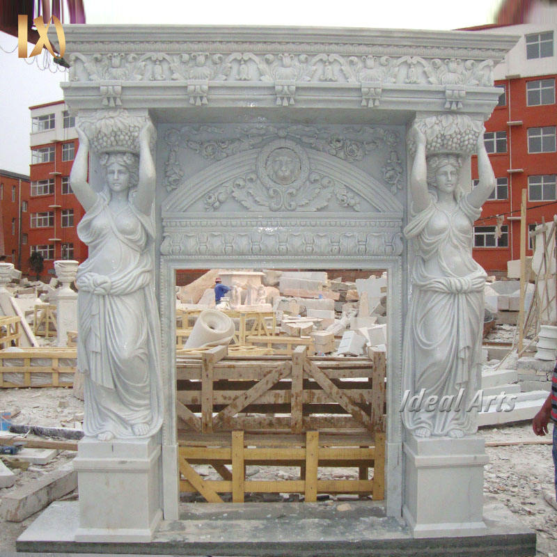 Hand Carving Classic Decoration Stone Beige Marble Fireplace With Lady Statue Columns