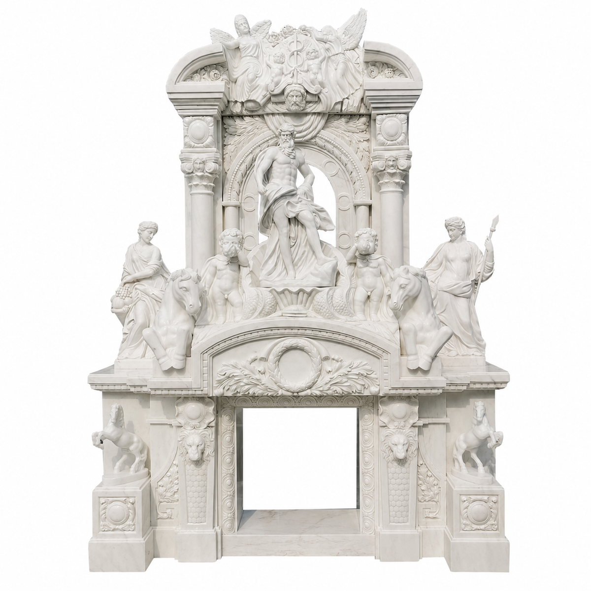 Ideal Arts Factory Direct Sale European Carved Figure Statue Fireplace Hand Carved Two Layer Marble Fireplace Mantel Frame