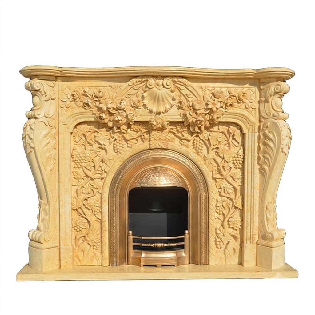 Ideal Arts Beige Marble Fireplace Mantel with Grape & Floral Carvings Ornate Indoor Decor Fireplace Surround