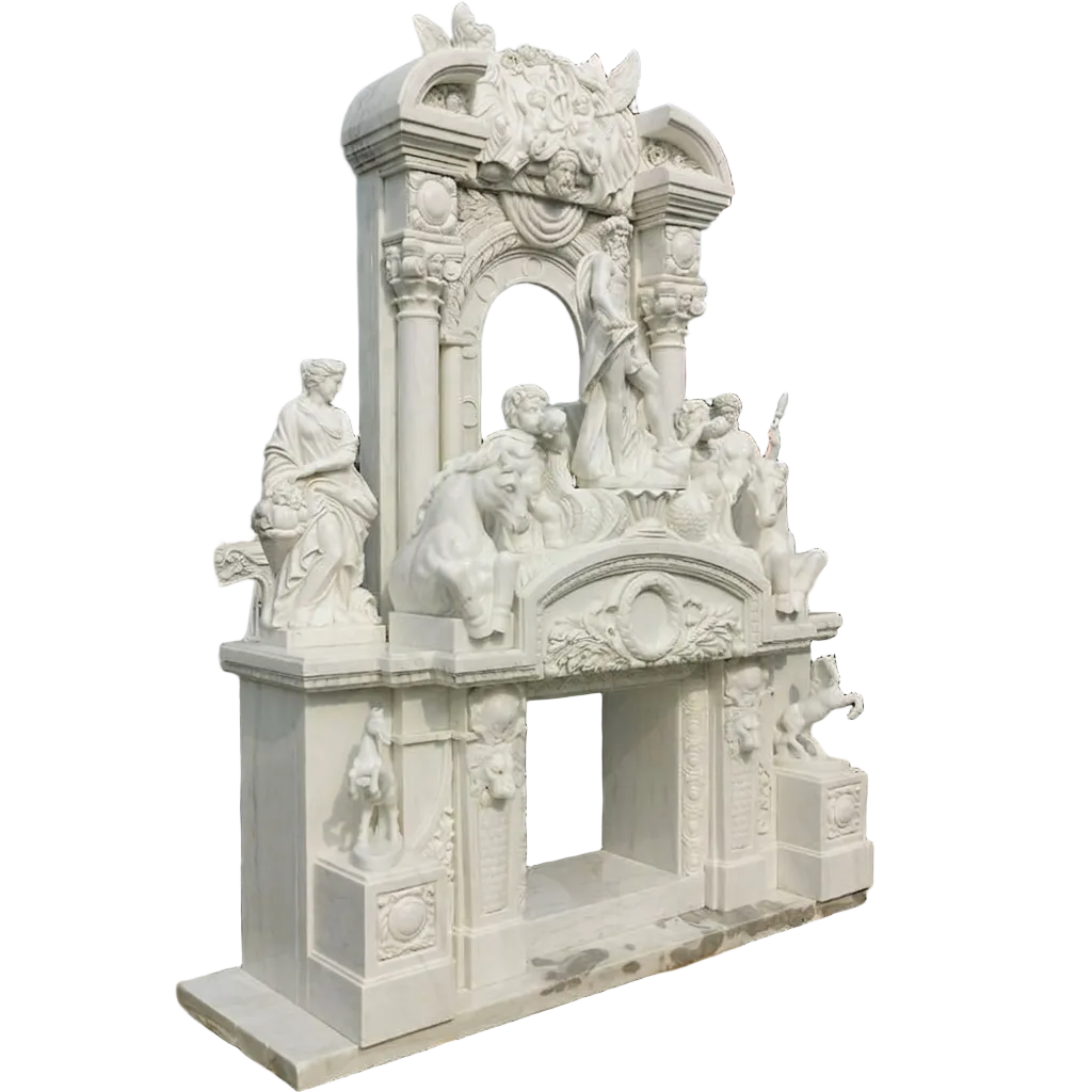 Ideal Arts Factory Direct Sale European Carved Figure Statue Fireplace Hand Carved Two Layer Marble Fireplace Mantel Frame