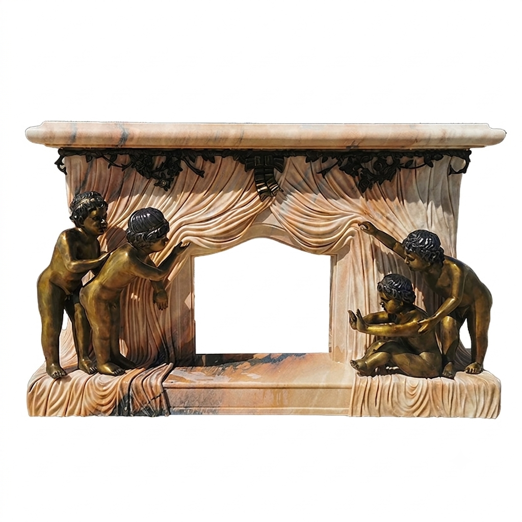 Ideal Arts Beige Marble Fireplace Mantel with Grape & Floral Carvings Ornate Indoor Decor Fireplace Surround