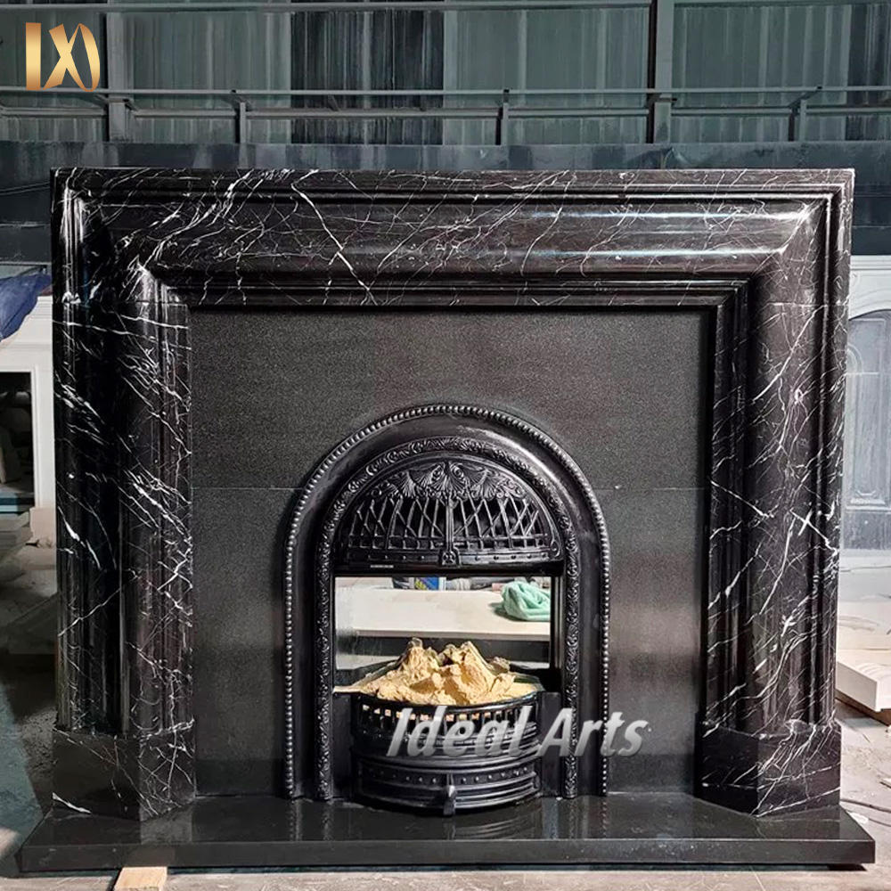 Black Marble Fireplace Mantel Neoclassical Fireplace Surround for Luxury Villa Decor