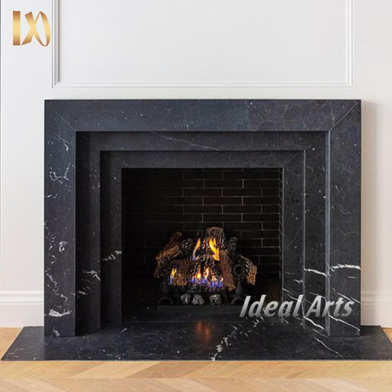 Black Marble Fireplace Mantel Neoclassical Fireplace Surround for Luxury Villa Decor