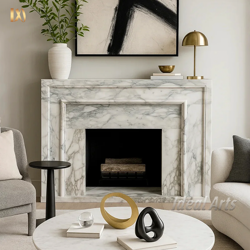 Custom Modern Minimalist Marble Fireplace Design for Luxury Homes & Hotels