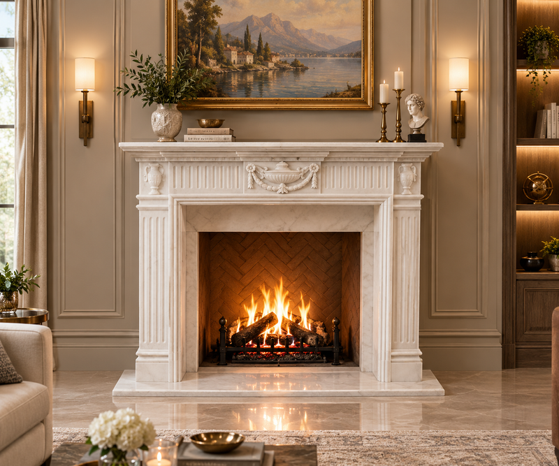 Modern White Marble Fireplace Surround Minimalist Polished Mantel for Contemporary Living Room Decor
