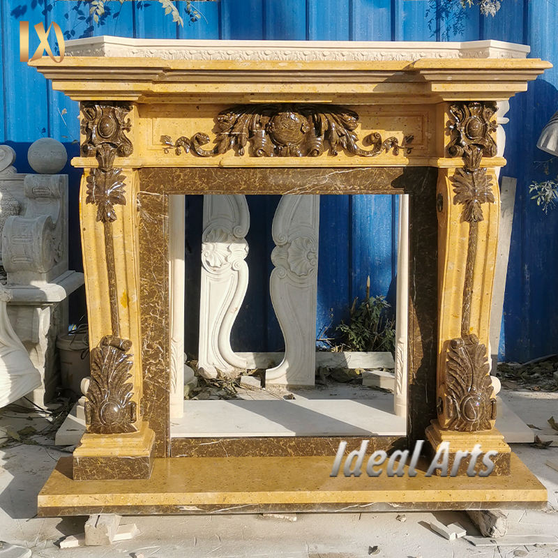 Customizable Size Simple Beige Natural Marble Gothic Revival Fireplace Mantel for Living Room Accent