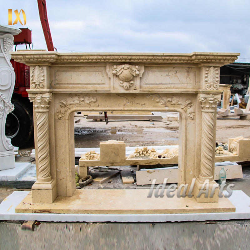 Customizable Size Simple Beige Natural Marble Gothic Revival Fireplace Mantel for Living Room Accent